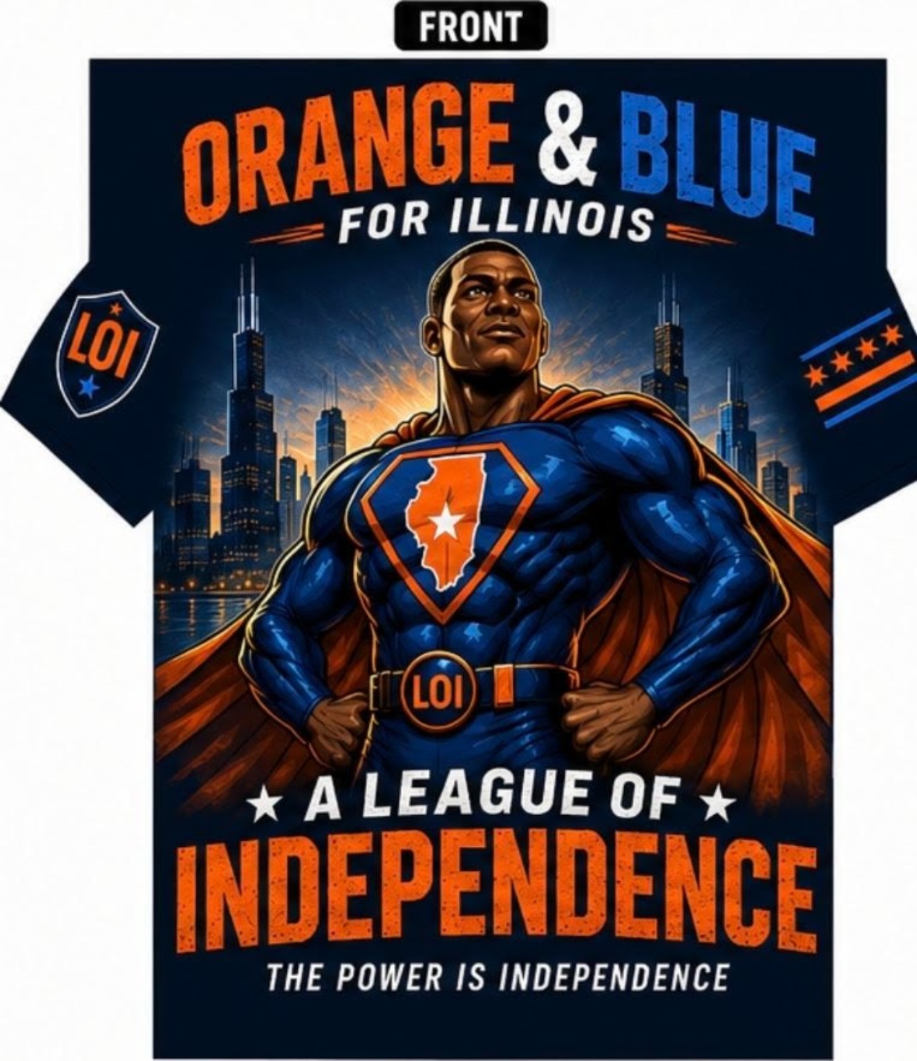 Orange and Blue for Illinois League of Independence artwork with a civic superhero and Chicago skyline